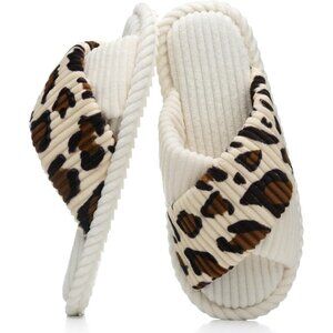 ⚡Women Leopard Beige White Cotton Memory Foam Bedroom Corduroy Open Toe Shoes